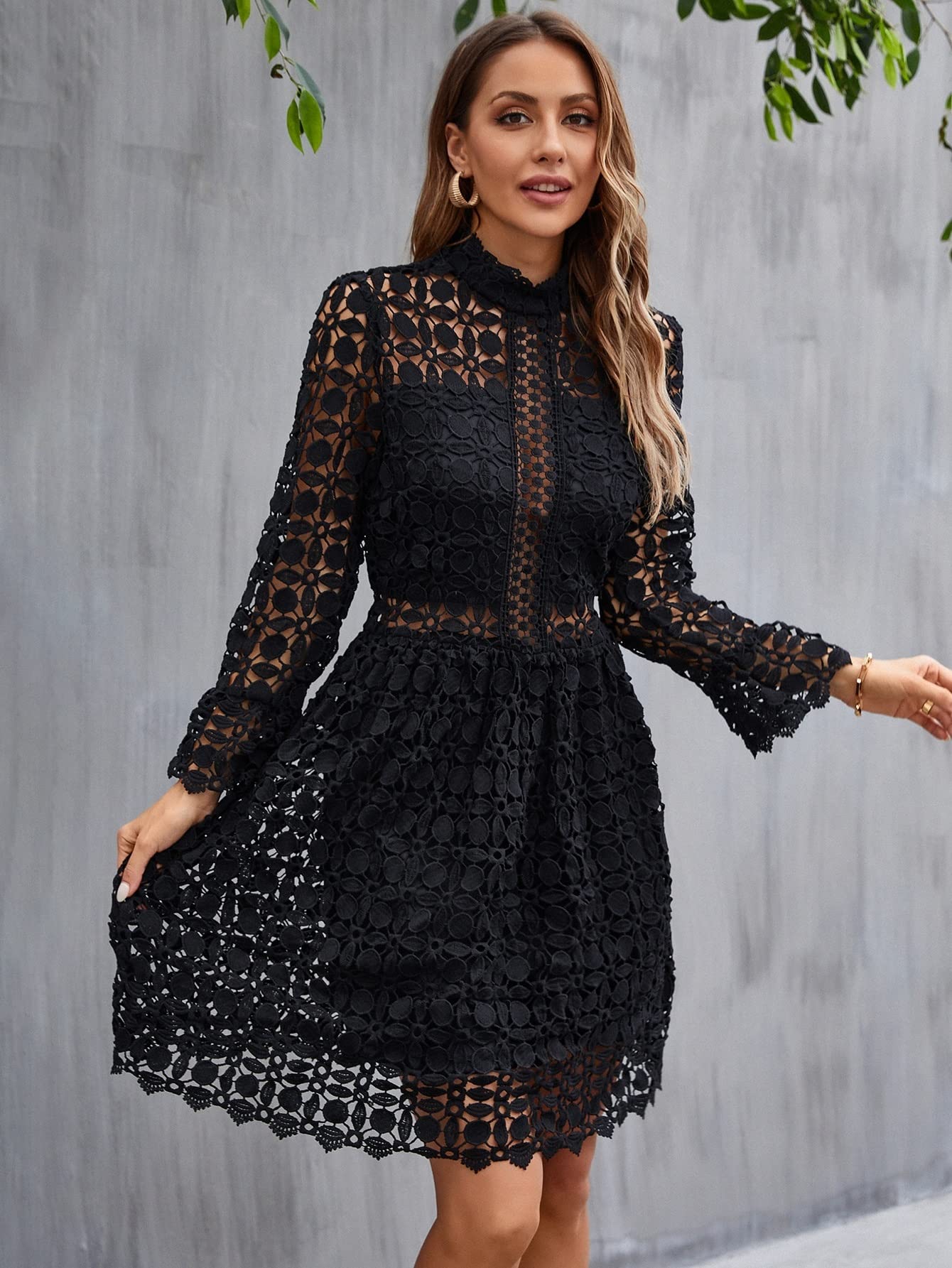 Elegant Black Women's Mock Neck Lace Flounce Sleeve Mesh Insert A-Line High Waist Short Dress for Cocktail Party, Date Night & Formal Occasions