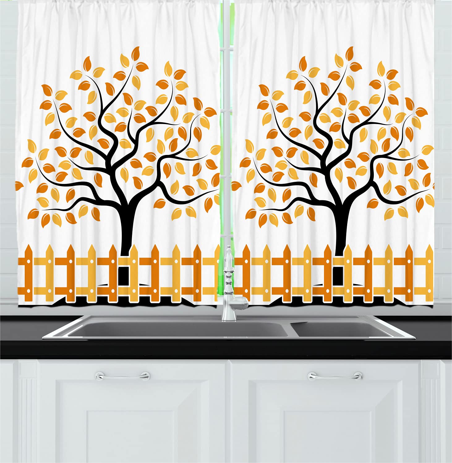 Ambesonne Farmhouse Kitchen Curtains - Autumn Tree Leaf Design, 55