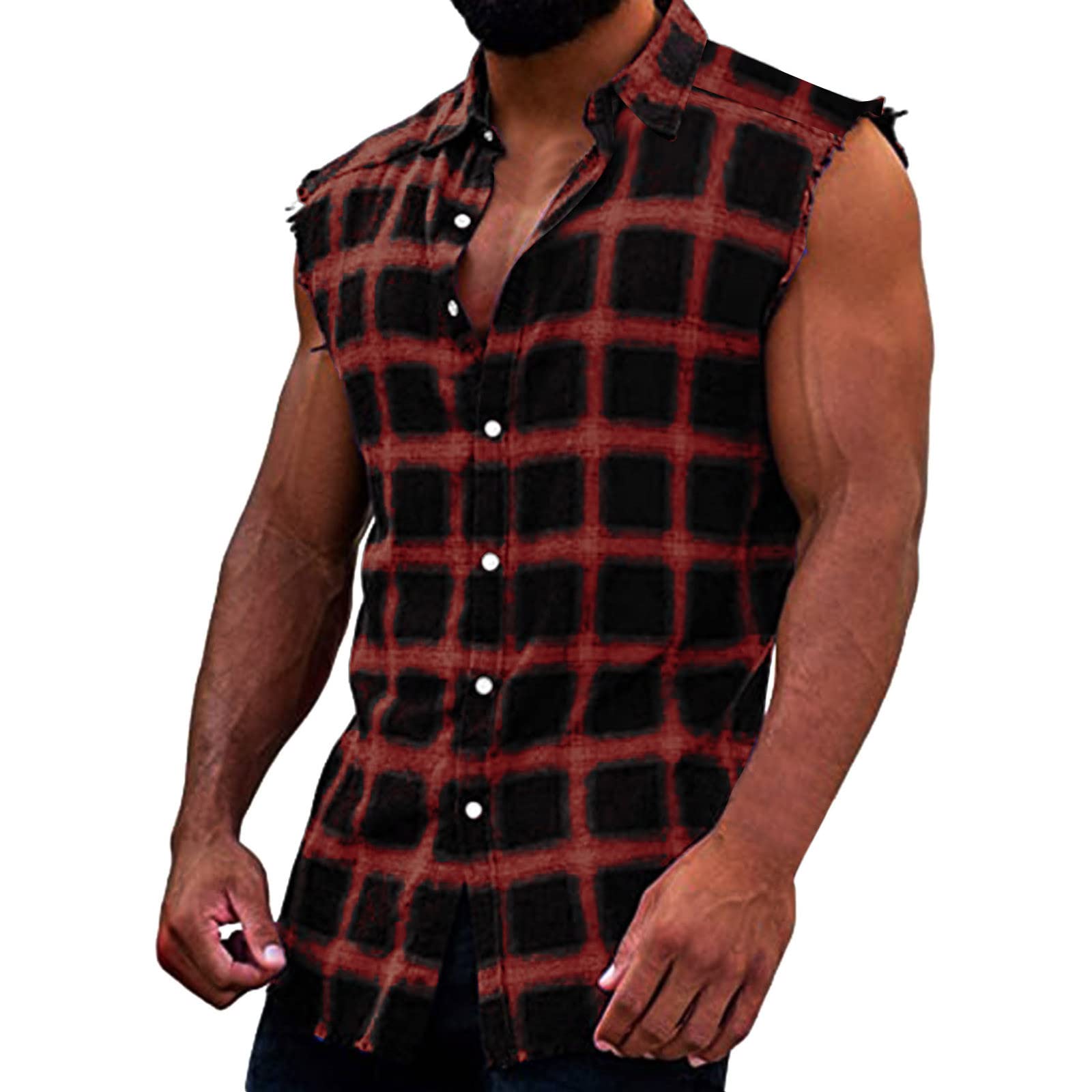 Men's V-Neck Plaid Print Sleeveless T-Shirt - Summer Casual Fashion Tee with Glitter Foam Star Design | Perfect for Beach Outings, Parties & Streetwear