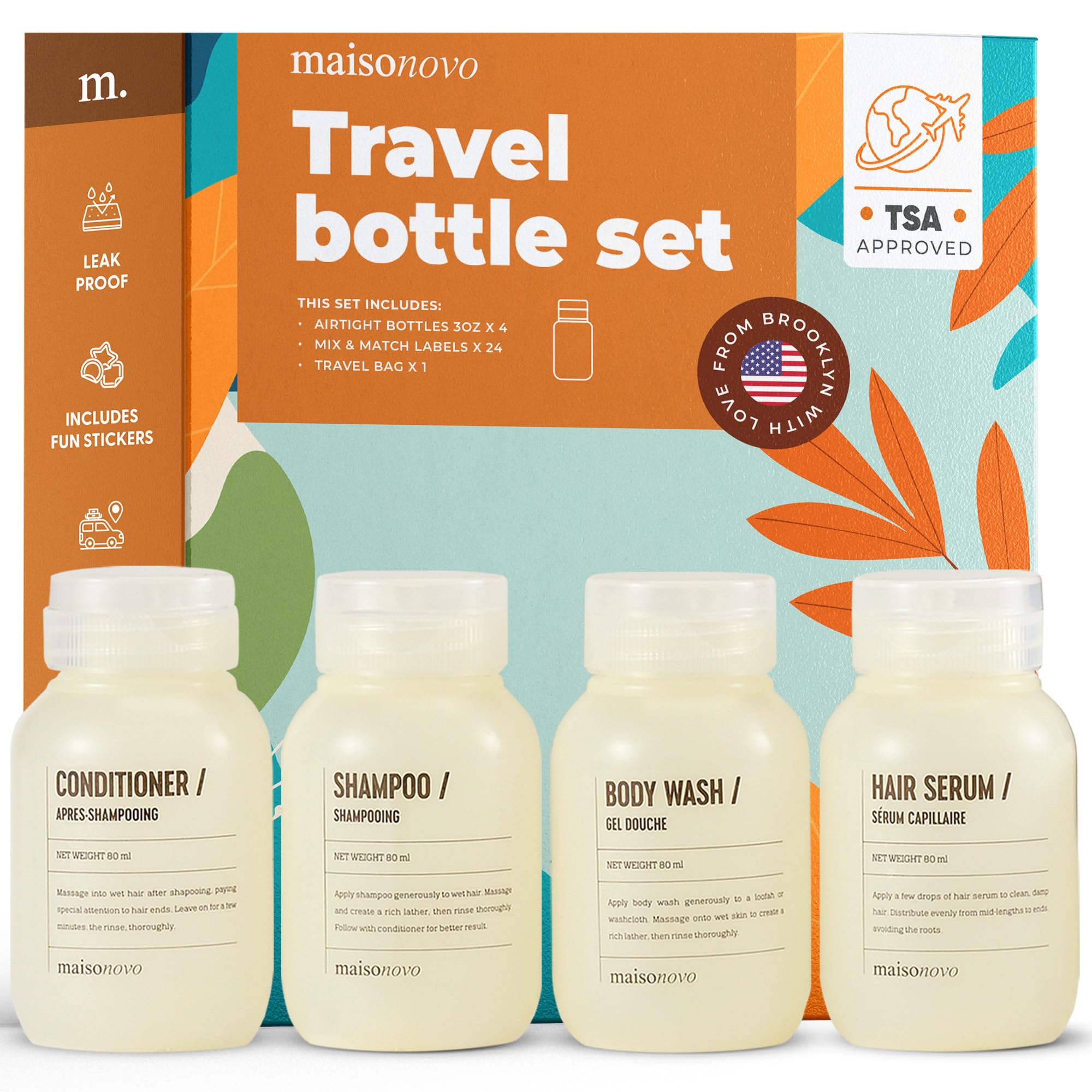 MAISONOVO TSA Approved Travel Bottles for Toiletries - Leak Proof Refillable Containers with Waterproof Toiletry Bag | Perfect for Air Travel, Camping & Gym Essentials