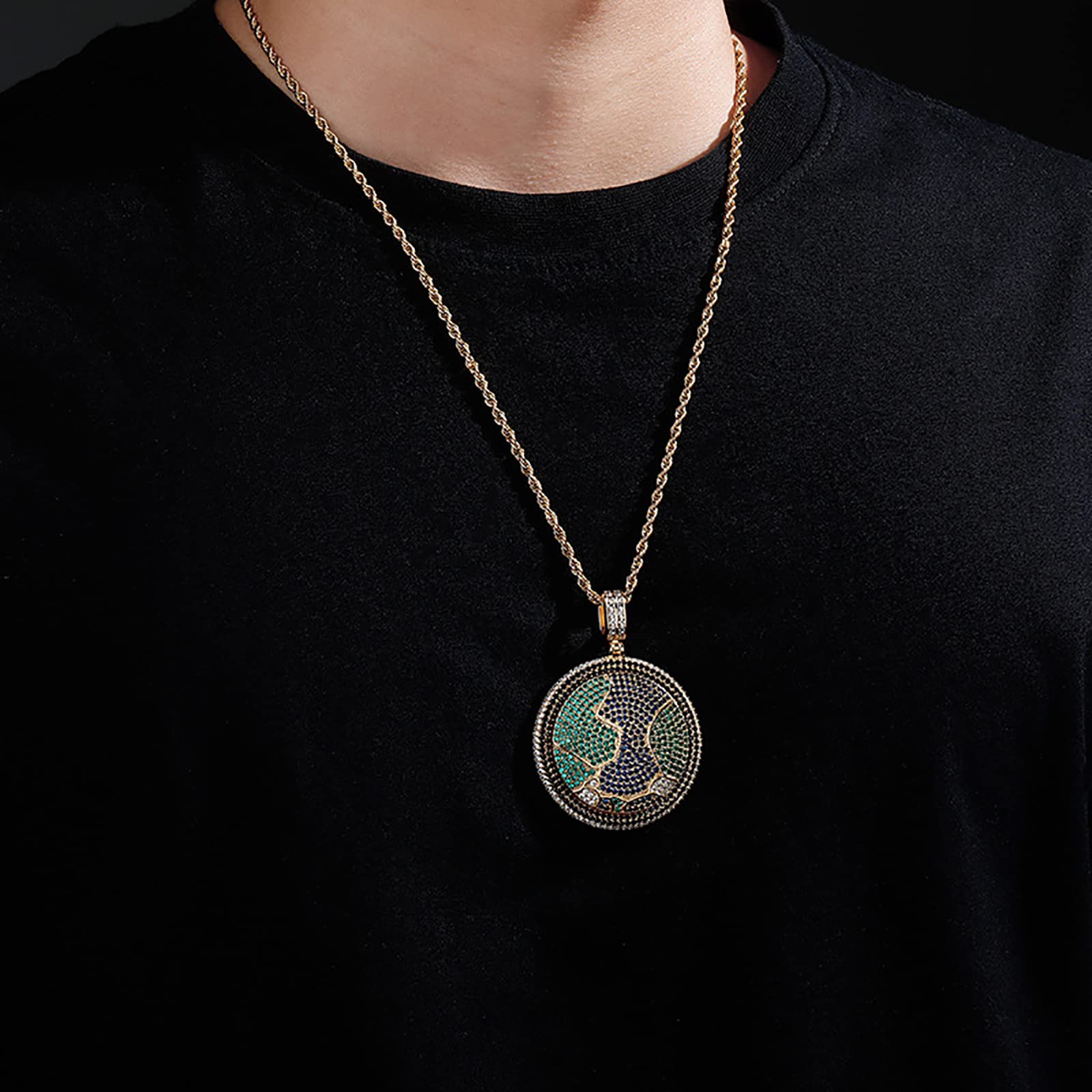 18K Gold Plated Iced Out Pendant Necklace for Men & Women - Personalized Earth Design with CZ Diamonds & 8mm 24