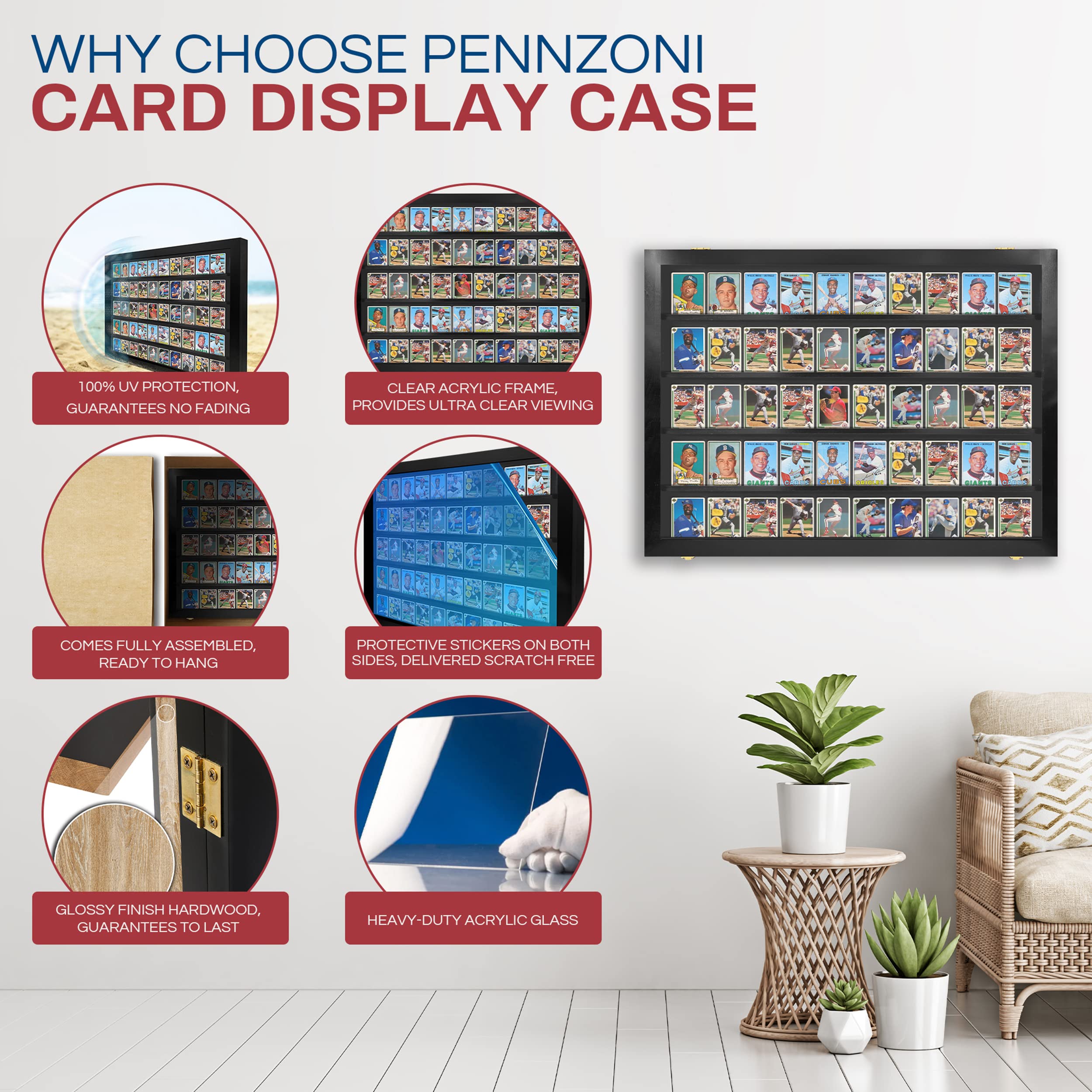 Baseball Card Display Case - Lockable Sports Card Frame Holds 50 Ungraded Cards with UV Protection - Perfect for Pokemon, Football & Basketball Trading Cards | Ideal for Collectors, Home Decor & Gift Giving