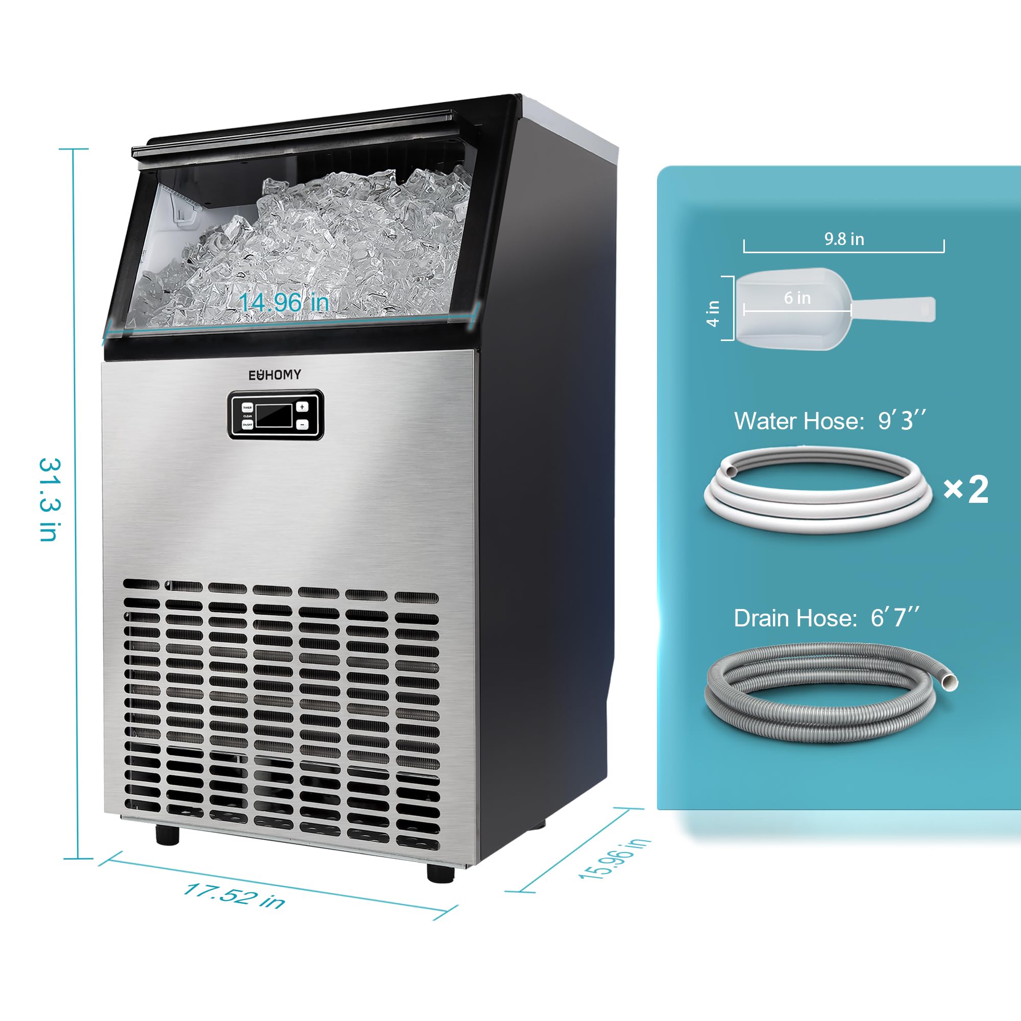 EUHOMY Commercial Ice Maker Machine - 95lbs Daily Output, 33lbs Storage Capacity, Stainless Steel Freestanding & Under Counter Ice Maker for Home, Bar, Restaurant, Outdoor Use - Perfect for Parties, Cocktails, and Camping