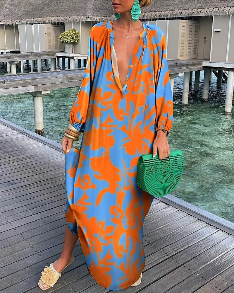 Lovevop Women's Sexy Casual Long Sleeve Maxi Dress - Abstract Print Round Neck Lantern Sleeve Loose Shirt Dress for Fall/Winter | Perfect for Date Night, Party, Office Wear & Holiday Outfits