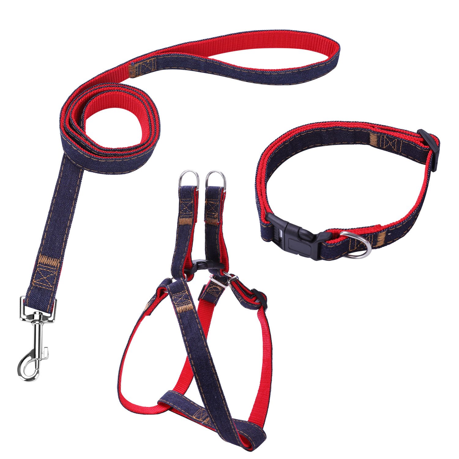 Premium Dog Harness, Leash & Collar Set - Heavy Duty Nylon with Denim Design for Small, Medium & Large Dogs | Durable Walking & Training Accessories for Puppies & Adult Pets (Red, Size S) - Perfect for Daily Walks, Outdoor Adventures & Obedience Training