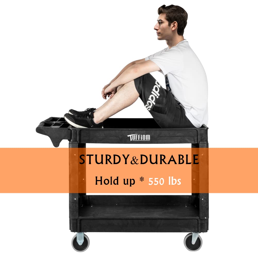TUFFIOM Heavy Duty 2-Tier Utility Cart with Wheels - 550lbs Capacity Rolling Storage Cart with Deep Shelves for Warehouse, Garage & Industrial Use | Multi-Purpose Mobile Organizer for Tools, Supplies & Equipment