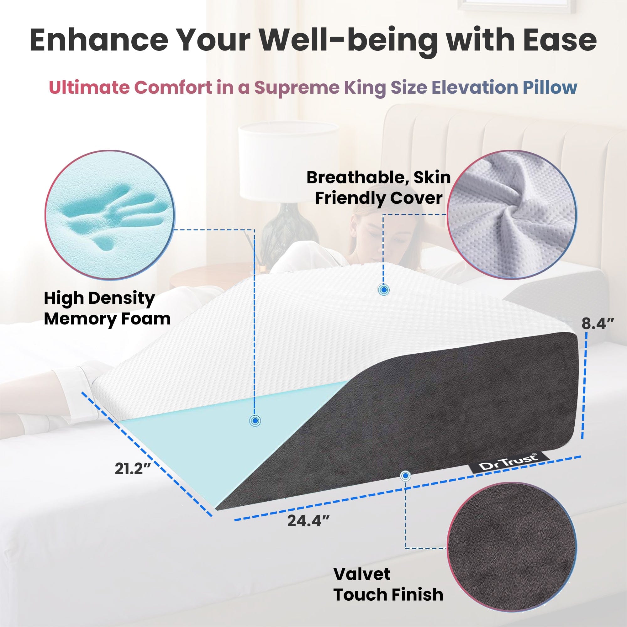 Dr Trust USA Orthopedic Leg Elevation Wedge Pillow - Post Surgery Recovery, Maternity Pregnancy Support, Foot Swelling & Acid Reflux Relief - Ideal for Back Pain, Knee Support & Better Sleep at Home