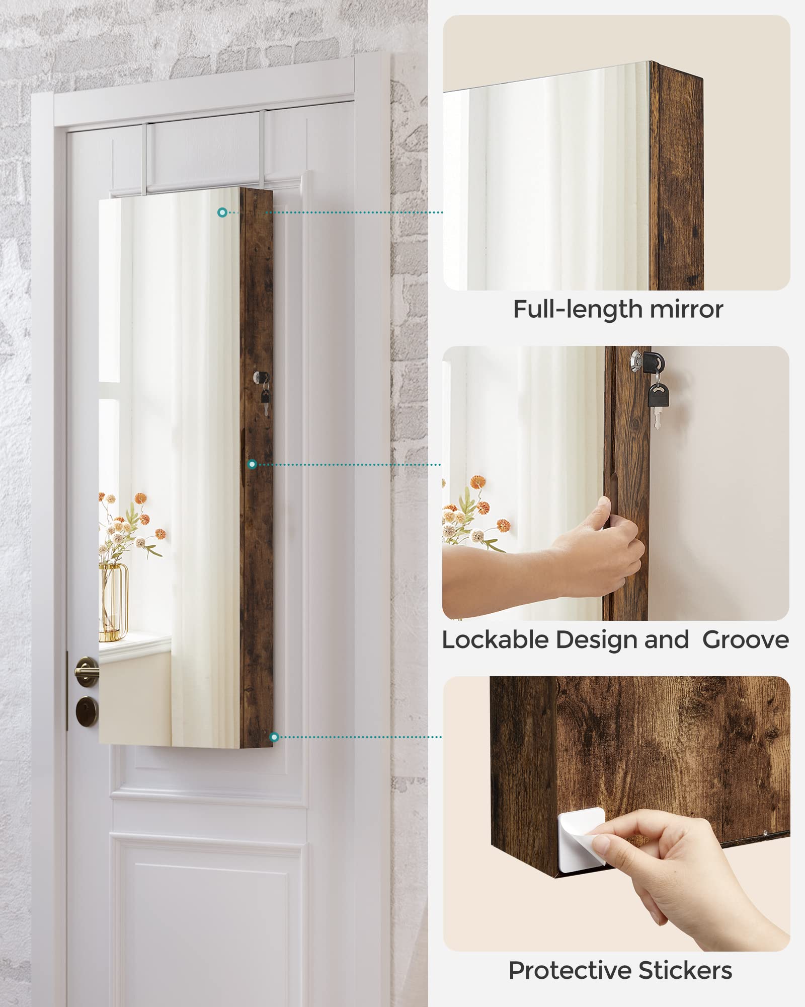 SONGMICS Jewelry Cabinet Armoire with Full-Length Mirror - Wall or Door Mount Jewelry Organizer with Lock, Shelves & Built-in Small Mirror - Rustic Brown UJJC003X01 - Perfect for Bedroom, Closet & Gift Giving