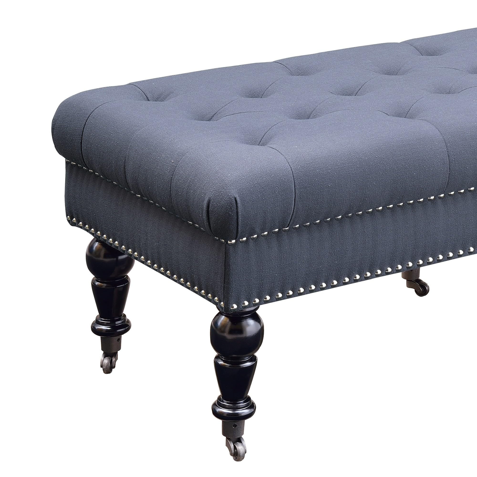 Benjara Button Tufted Upholstered Bench with Caster Wheels - Black & Blue Velvet Storage Ottoman for Bedroom, Living Room, Entryway - Perfect for Seating & Extra Storage