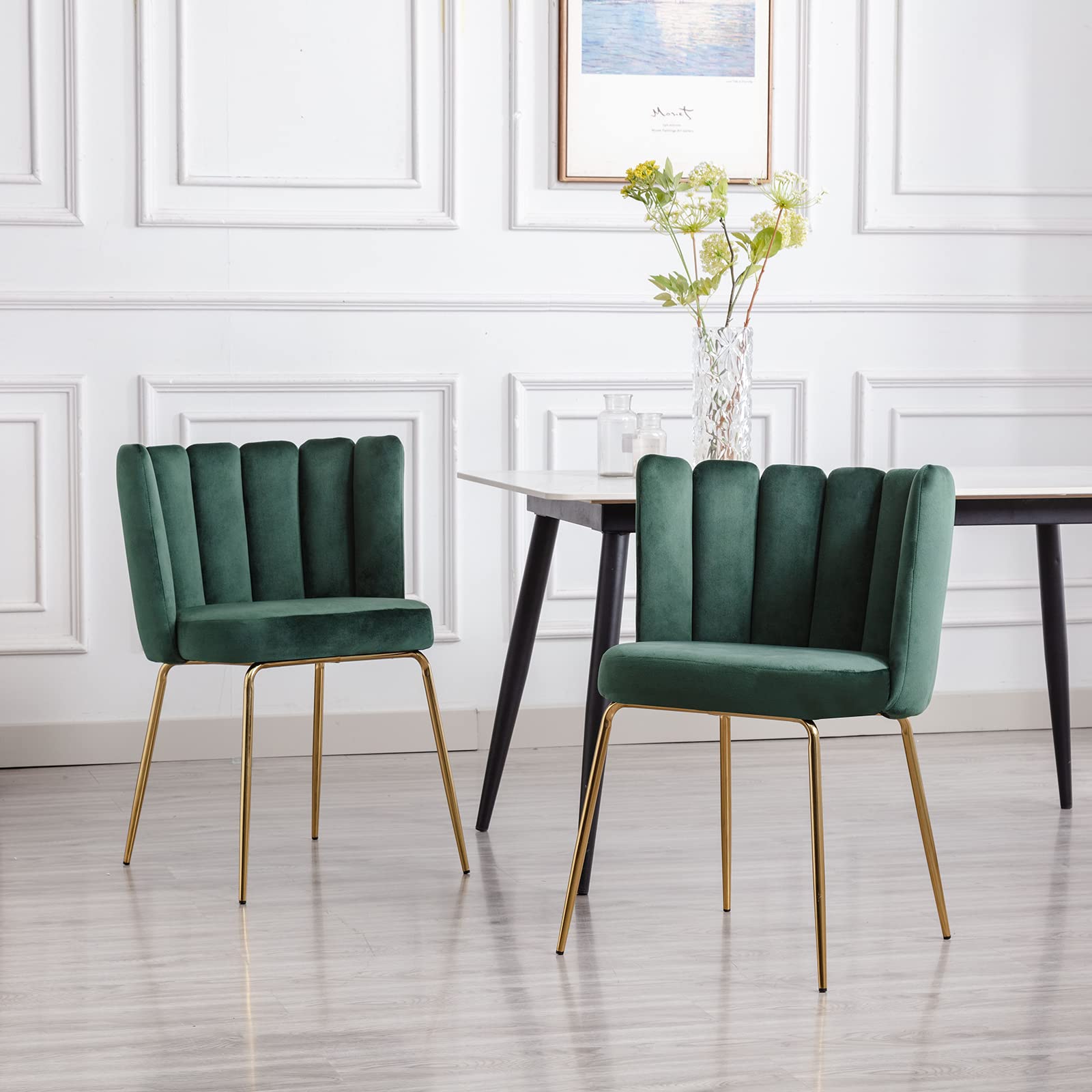 4-Piece Velvet Dining Chair Set - Modern Upholstered Accent Chairs with Curved Back & Gold Metal Legs for Kitchen, Bedroom, Living Room | Dark Green Comfortable Seating for Home Decor & Entertaining