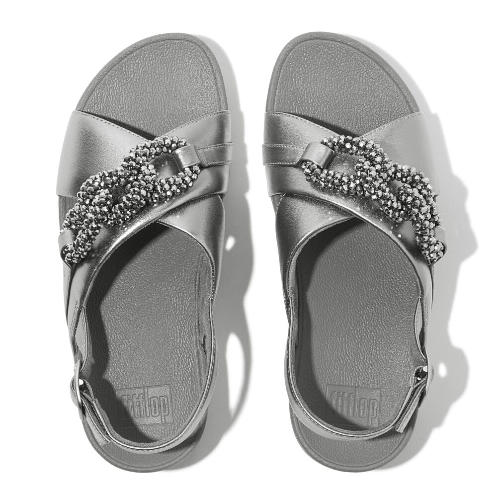FitFlop Lulu Beaded Chain Leather Backstrap Sandals for Women - Comfortable & Stylish Silver Gladiator Sandals | Perfect for Summer, Beach, and Casual Outings
