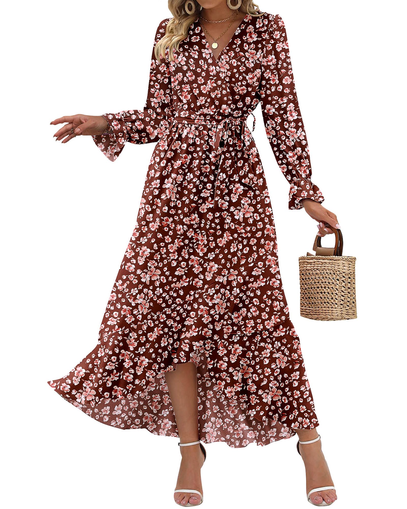 BTFBM Women's Floral V-Neck Long Sleeve Boho Dress - High Waist Ruffle Summer Wedding Guest Dress for Spring/Summer 2025 | Perfect for Garden Parties, Bridal Showers & Formal Events
