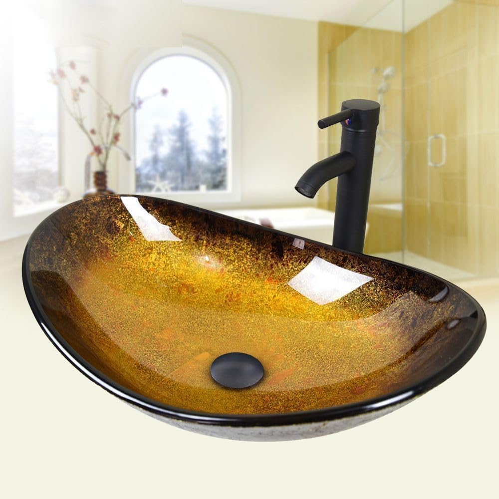 YOURLITE Boat-Shaped Artistic Glass Vessel Sink with Oil-Rubbed Bronze Faucet & Pop-Up Drain - Modern Bathroom Vanity Sink for Luxury Homes & Spa Retreats