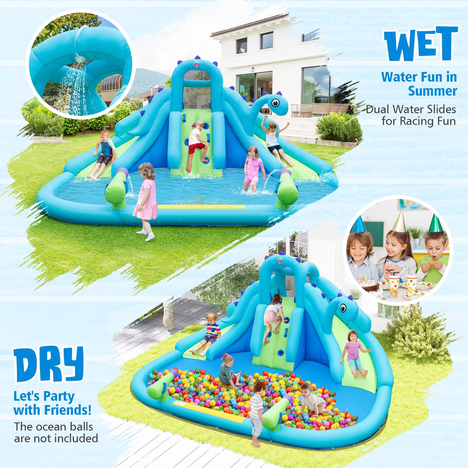 Dinosaur Inflatable Water Slide for Kids - BOUNTECH Mega Waterslide Park with Dual Racing Slides, Climbing Wall & Blower | Outdoor Backyard Water Play for Summer Parties, Birthday Gifts & Family Fun