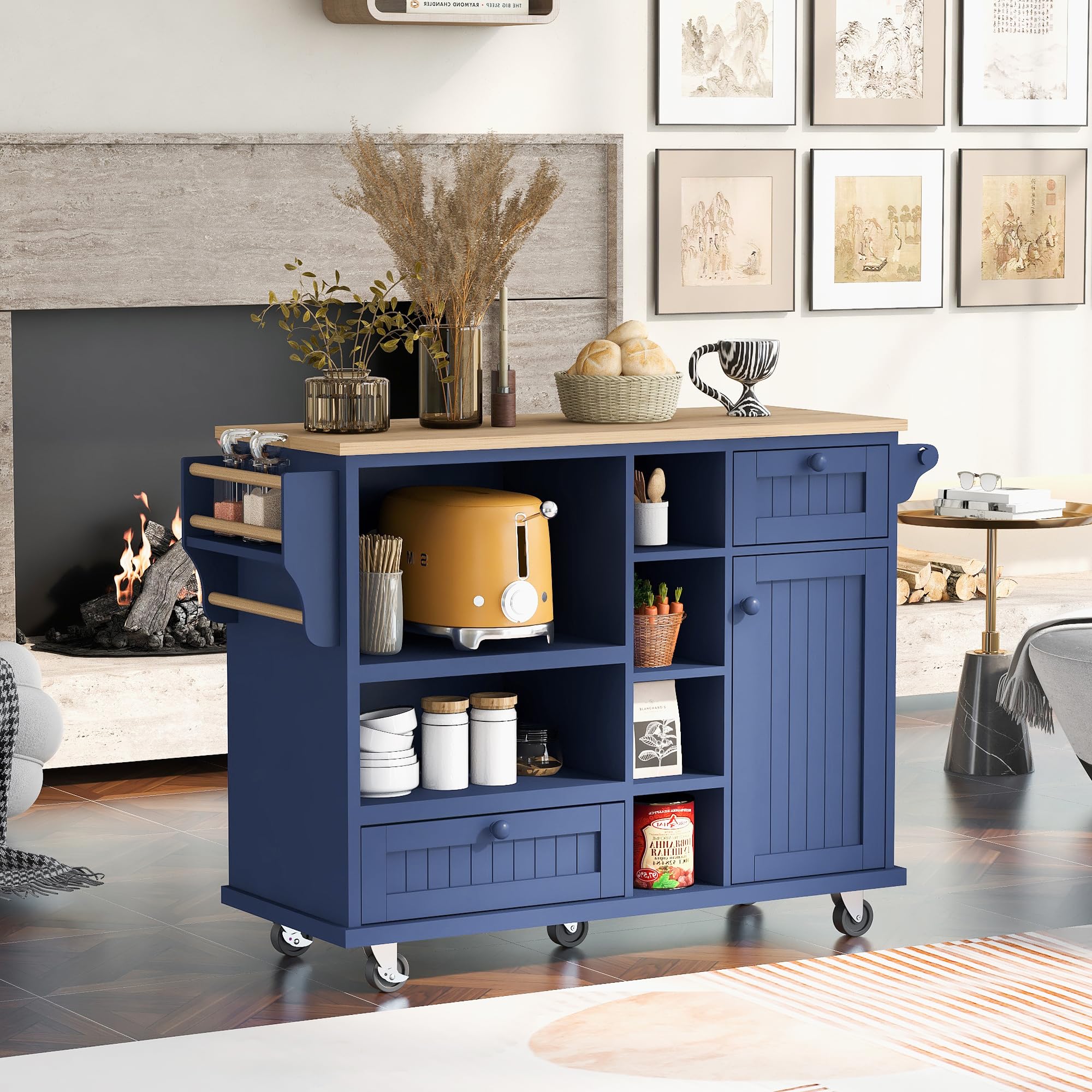 Polibi Kitchen Island Cart with Storage - Solid Wood Desktop, 2 Locking Wheels - Microwave Cabinet & Buffet Server for Kitchen & Dining Room - Dark Blue | Perfect for Small Spaces, Meal Prep & Extra Storage
