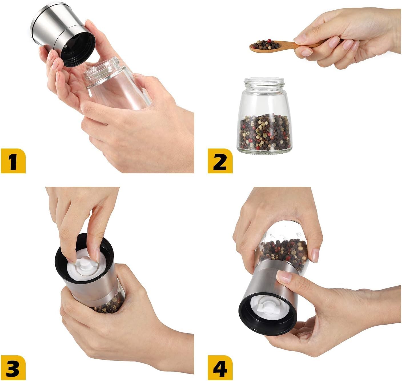 Premium Stainless Steel Salt and Pepper Grinder Set - Adjustable Ceramic Core Spice Mill with Glass Bottle - Perfect for Kitchen, Dining Table & Gourmet Cooking - Refillable Manual Pepper & Salt Shaker for Fresh Seasoning