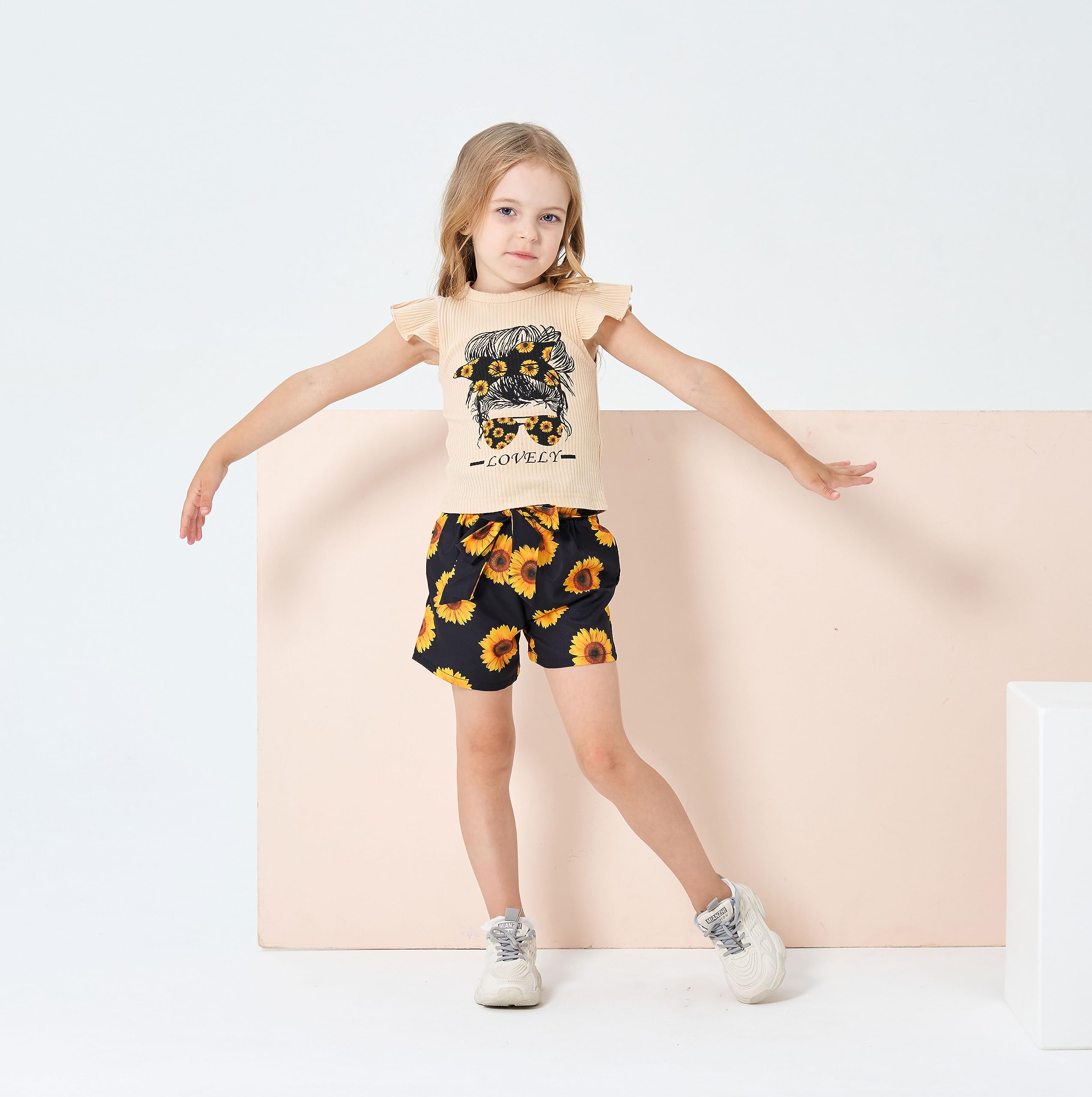 Toddler Girl Summer Outfit Set - Ruffle Sleeve Graphic Tee & Shorts | Cute Playtime & Beach Clothes for Baby Girls