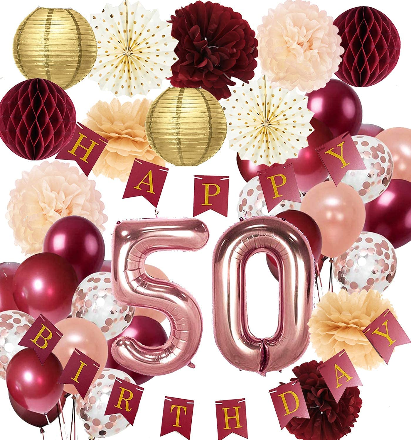 50th Birthday Party Decorations for Women - Burgundy & Rose Gold Theme, Autumn Fall Celebration Supplies | Perfect for Home, Office & Special Events