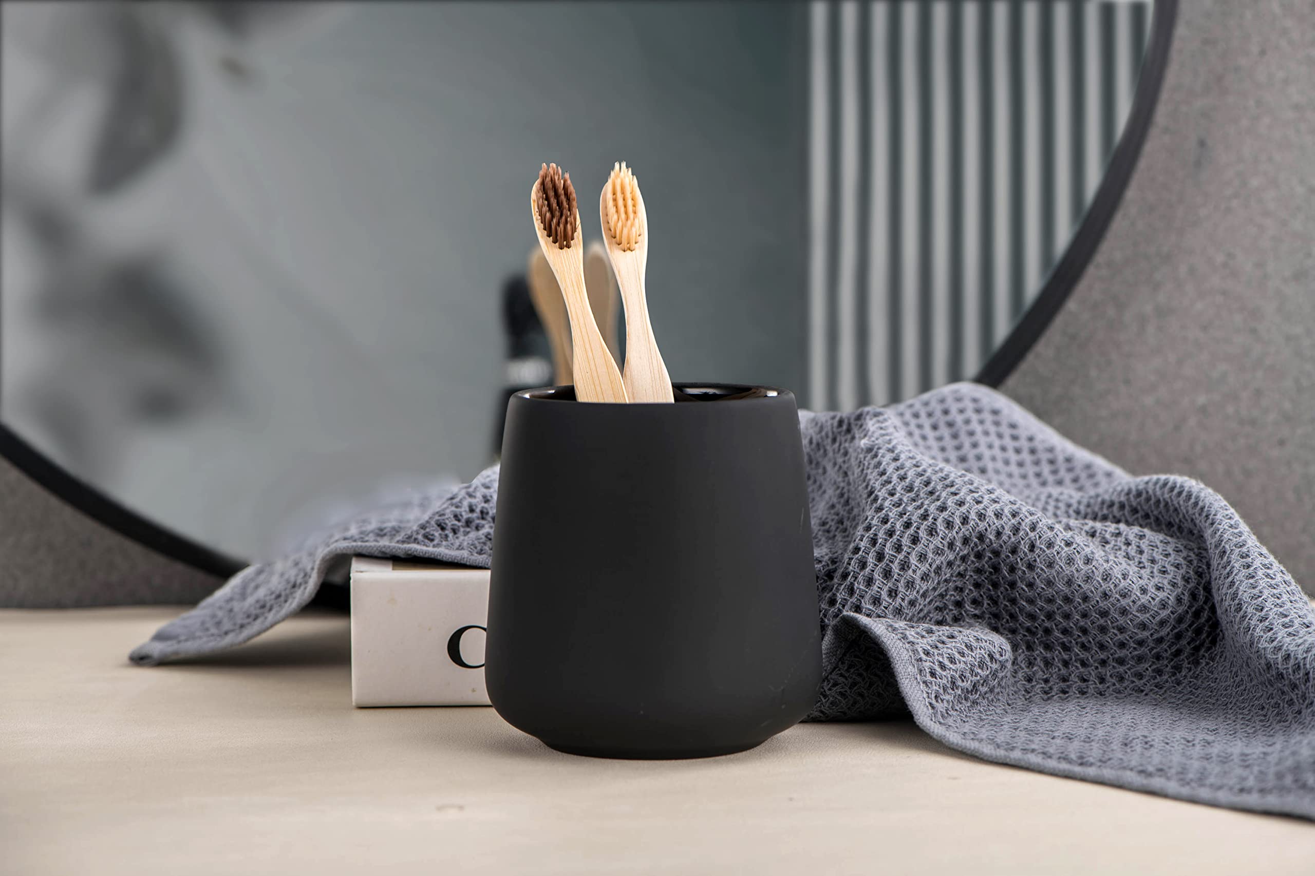 Modern Matte Black Ceramic Toothbrush Holder for Bathroom - Stylish Toothbrush & Toothpaste Organizer with Makeup Brush Storage - Perfect for Vanity, Sink Countertop & Bathroom Decor