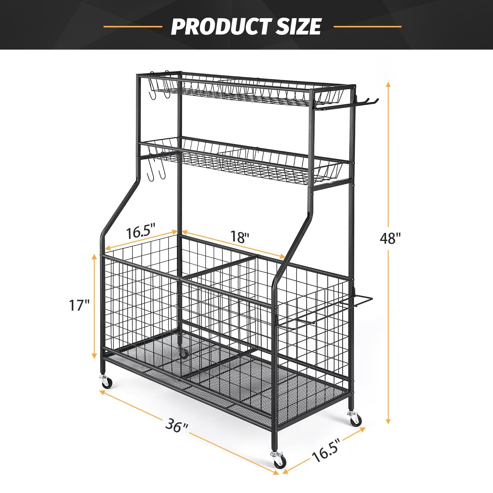 TNINE Sports Equipment Storage Cart - Rolling Garage Organizer for Basketballs, Baseball Bats, Footballs & Tennis Rackets | Indoor & Outdoor Toy Organizer with Wheels | Perfect for Garage, Playroom & Backyard Sports Gear Storage
