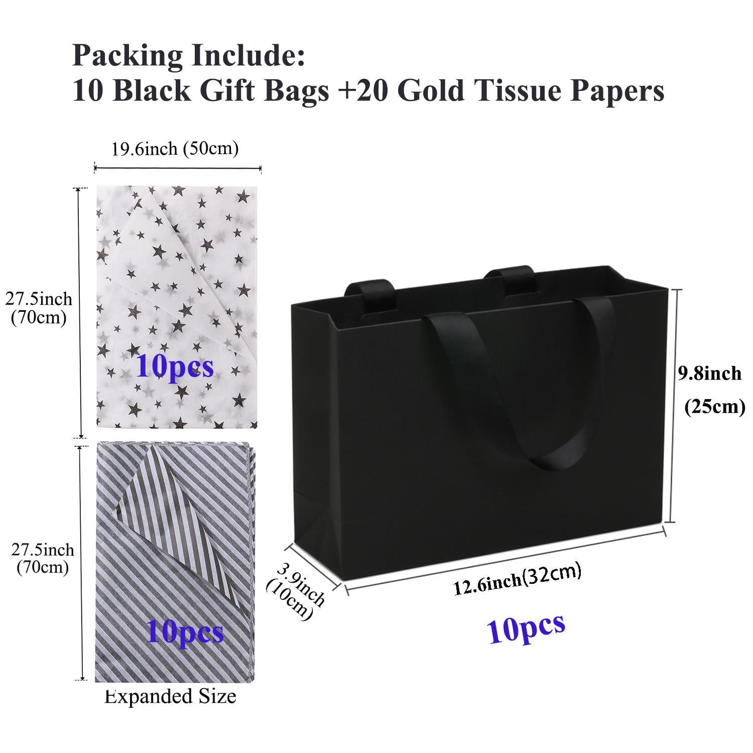 10 Large Black Gift Bags with Handles & Tissue Paper - 12.6
