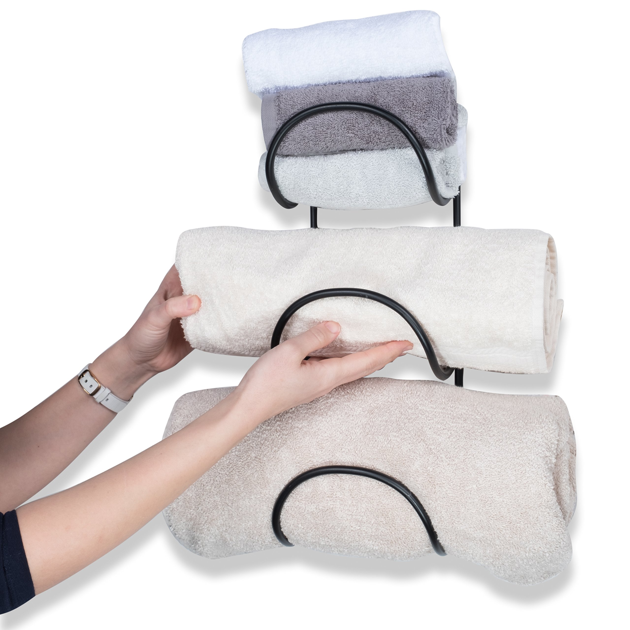 Premium Wrought Iron Metal Towel Rack - Heavy Duty Wall Mount Bathroom Storage Organizer - Holds Large Rolled Bath & Beach Towels (Black, Set of 2) - Perfect for Spa, Poolside & Luxury Bathroom Decor