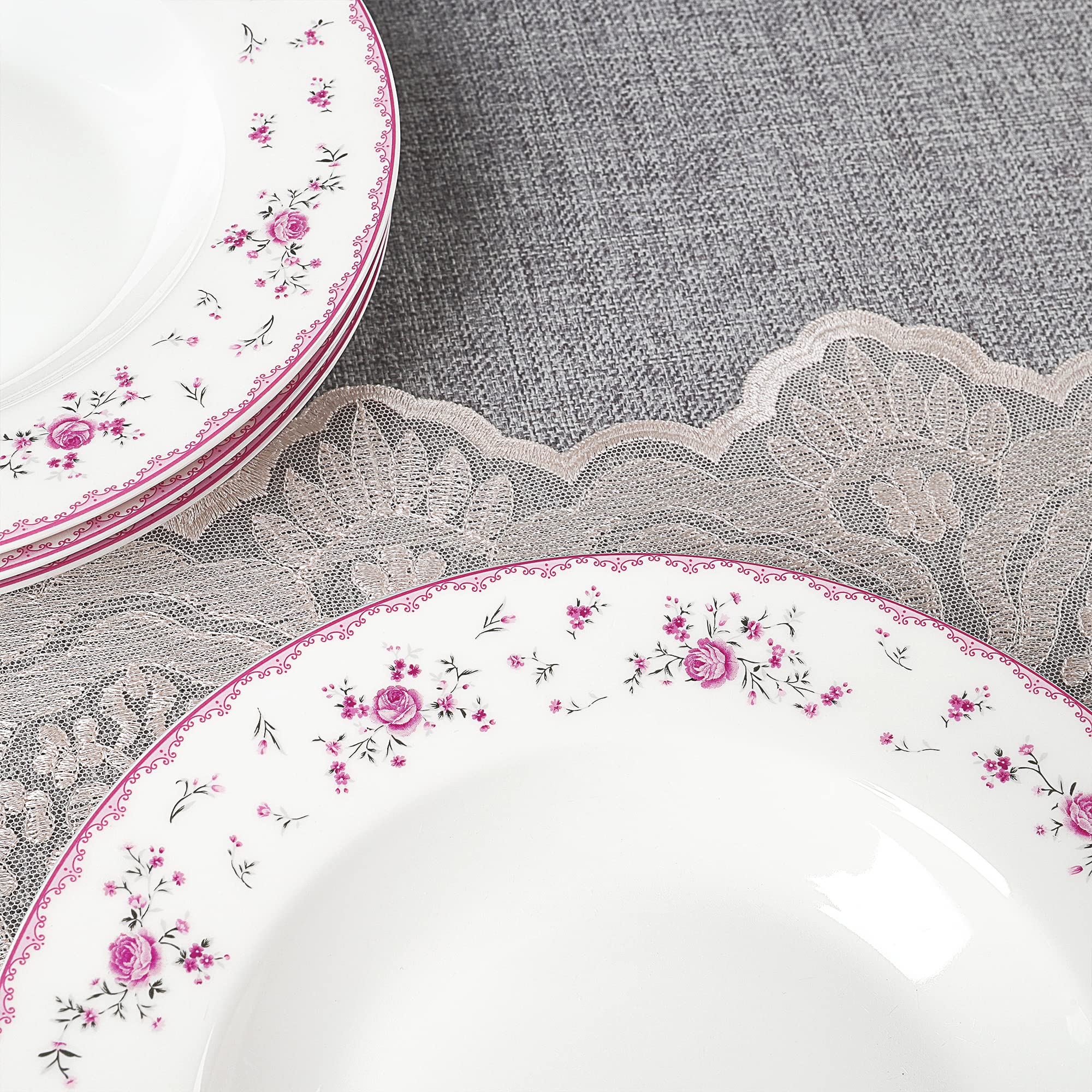 Fanquare 8 Inch Porcelain Soup Bowls Set of 4 - Round Pasta Plates for Salad, Dessert, Snack - Pink Roses Floral Design - Perfect for Dining, Entertaining, and Gift Giving