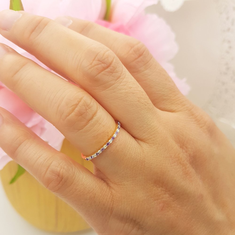 14K Solid Gold Round Amethyst & White Diamond Women's Stackable Wedding Band Ring - Perfect for Anniversary, Engagement, and Everyday Elegant Jewelry Gift