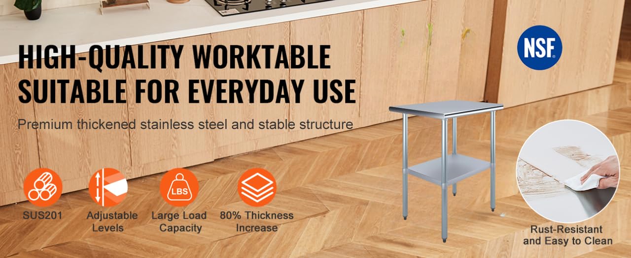 NSF Certified Heavy Duty Stainless Steel Prep Table with Galvanized Shelf & Legs - Commercial Kitchen & Home Use, Optional Wheels for Mobility | Perfect for Restaurants, Catering & Food Prep Stations