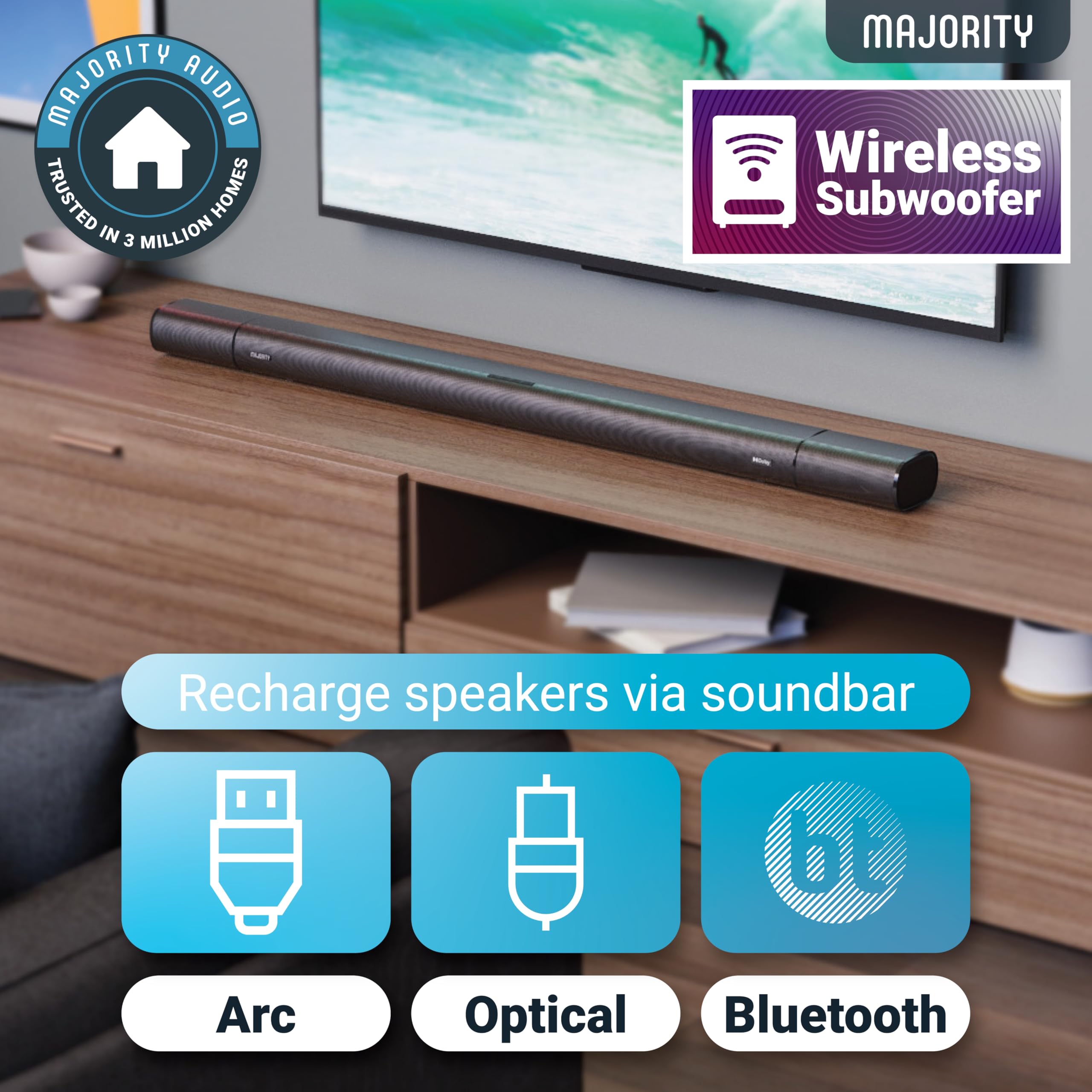 Majority Everest Arc 5.1 Wireless Home Theater System - Dolby Audio Soundbar with 300W Subwoofer & Detachable Satellite Speakers | Optical/AUX/HDMI Connectivity for Smart TVs - Perfect for Movie Nights & Gaming Setup