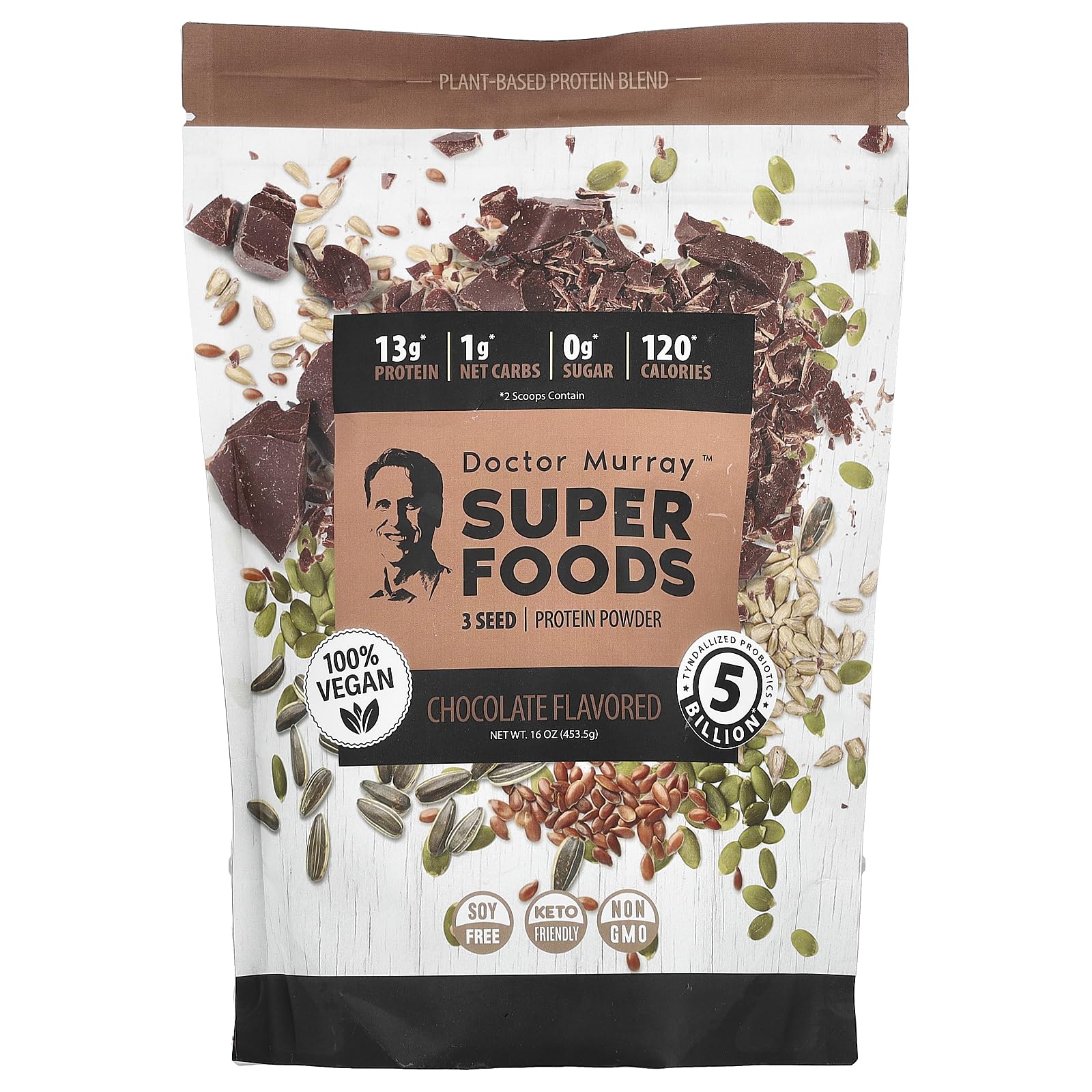 Dr. Murray's Super Foods 3 Seed Protein Powder - Pumpkin, Flax & Sunflower Blend, Chocolate Flavor, 16 oz (453.5 g) | Plant-Based Protein for Smoothies, Baking & Post-Workout Recovery