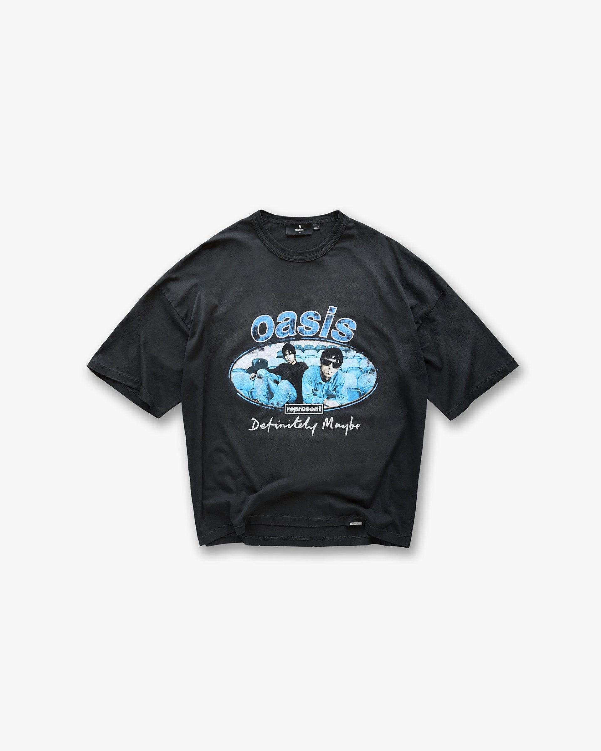 Represent X Oasis Maine Road Vintage Washed Black T-Shirt - Retro Band Tee for Concerts, Casual Wear & Music Lovers