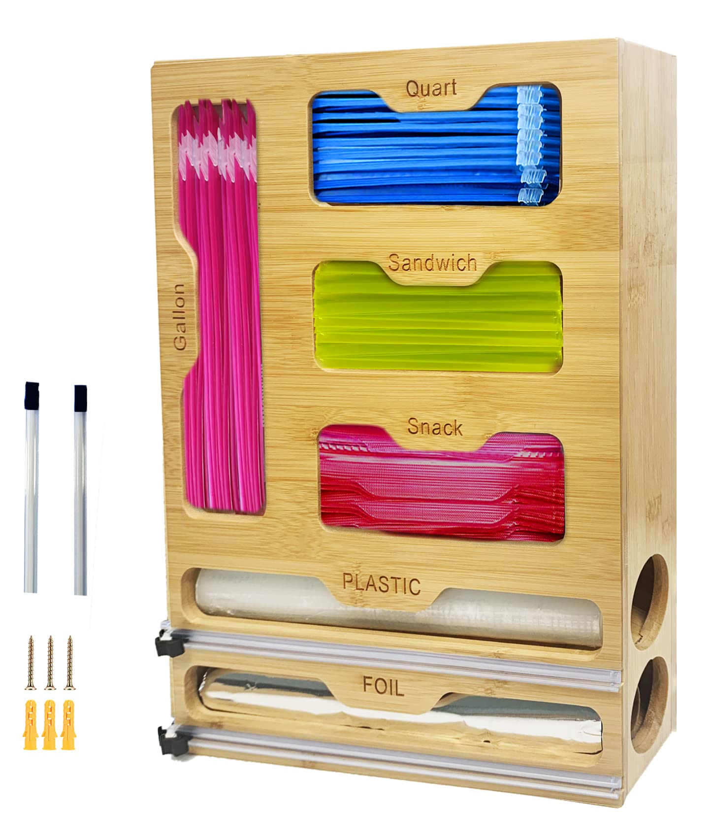 Bamboo Ziplock Bag Organizer & Plastic Wrap Dispenser with Cutter - Kitchen Drawer Storage for Gallon, Quart, Sandwich & Snack Bags - Perfect for Food Prep, Meal Storage & Kitchen Organization