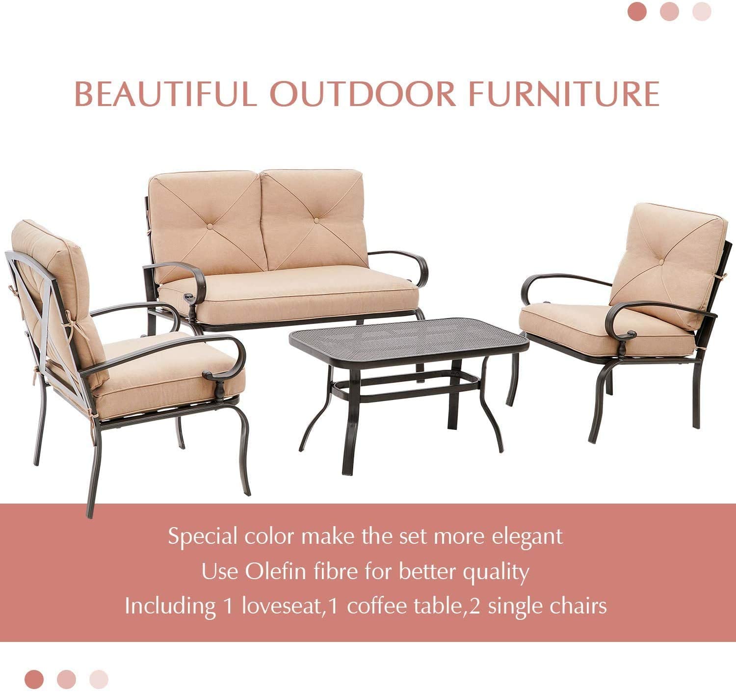 Outdoor Patio Furniture Set - 2 Chairs, Loveseat & Coffee Table with Cushions, Wrought Iron Look Metal Garden Conversation Set (Brown) | Perfect for Lawn, Front Porch, Backyard & Garden Relaxation