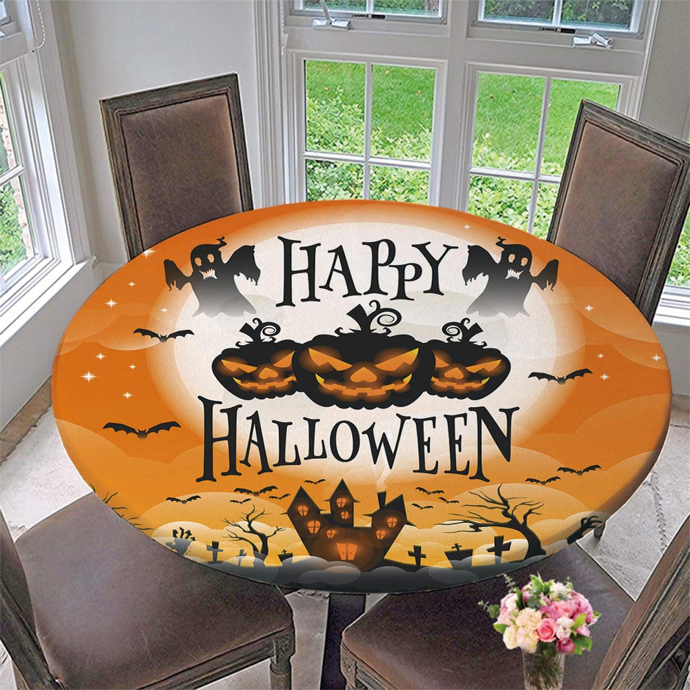 Waterproof Elastic Round Tablecloth - Halloween & Holiday Greeting Table Cover, Fits 35