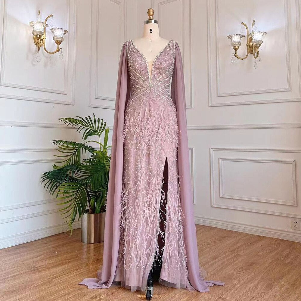 Elegant Blue Mermaid Evening Gown with Cape Sleeves & Beaded Feather Details - Luxury Women's Party Dress for Prom, Gala & Formal Events 2025 | Serene Hill Collection LA71583A