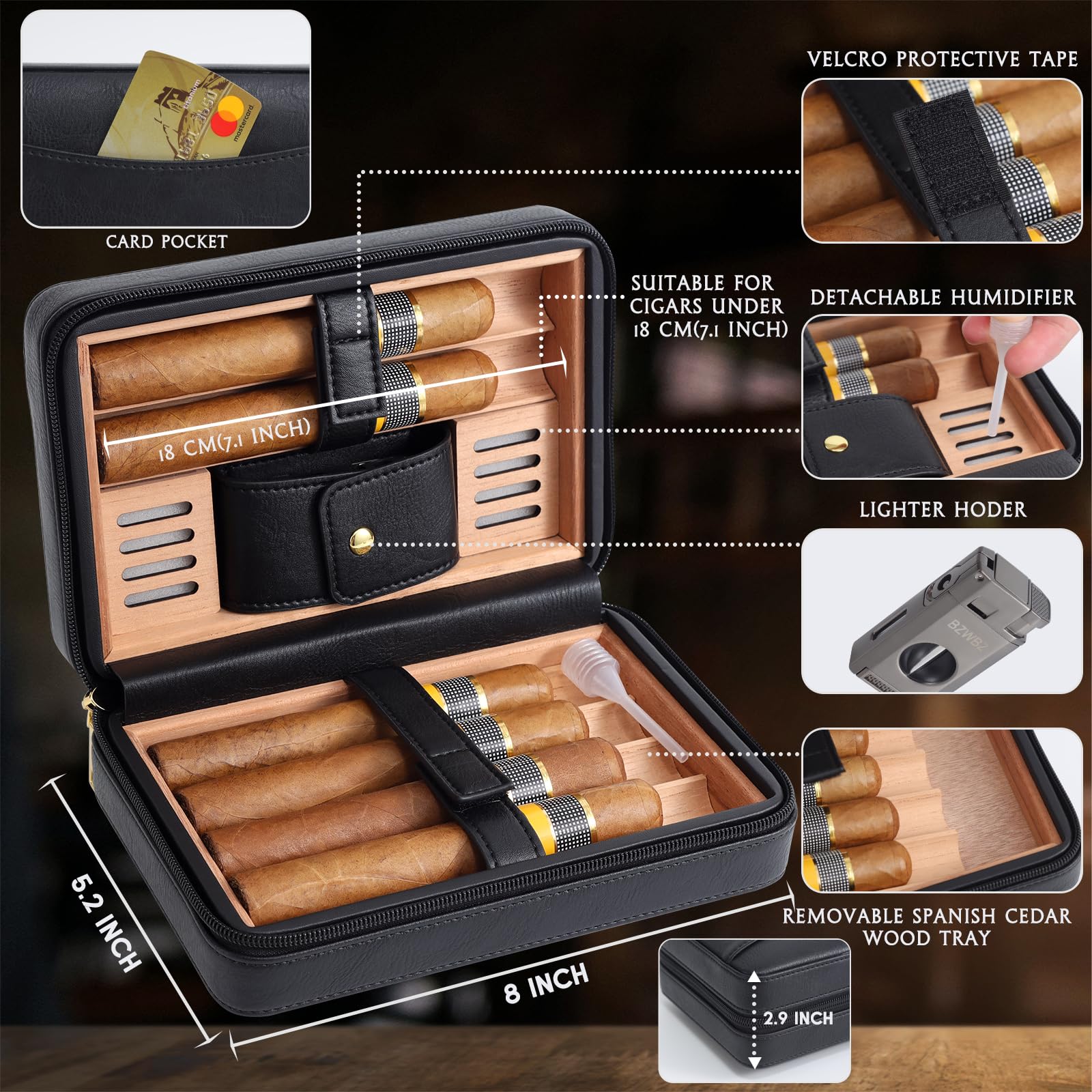 Premium Travel Cigar Humidor Set with Natural Cedar Wood Lining - Includes V-Cut Cutter, Punch Tool & Flameless Lighter - Holds 6 Cigars - Perfect for Outdoor Adventures, Business Trips & Gifts for Cigar Enthusiasts