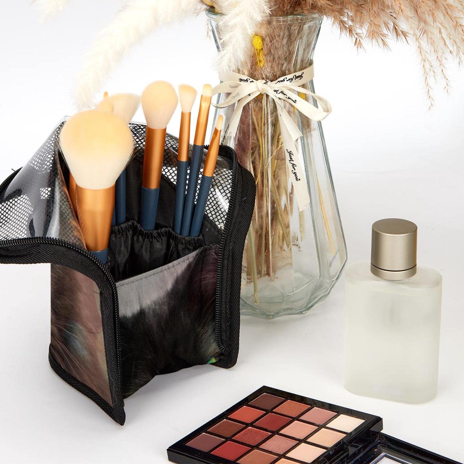 12-Piece Makeup Brush Organizer Bag with Cat Design - Portable Brush Holder Case for Travel & Home Storage - Perfect for Makeup Artists & Beauty Enthusiasts