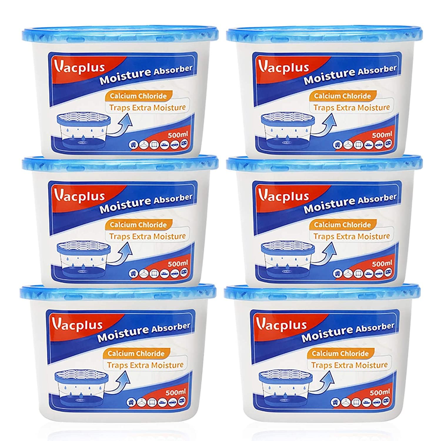 Vacplus 6 Pack Moisture Absorbers (10.5 Oz) - Portable Dehumidifier Boxes for Bathroom, Closet, Car & Home - Odor Eliminator & Humidity Control with Fragrance Free Formula - Perfect for Small Spaces, RVs, Basements & Storage Areas