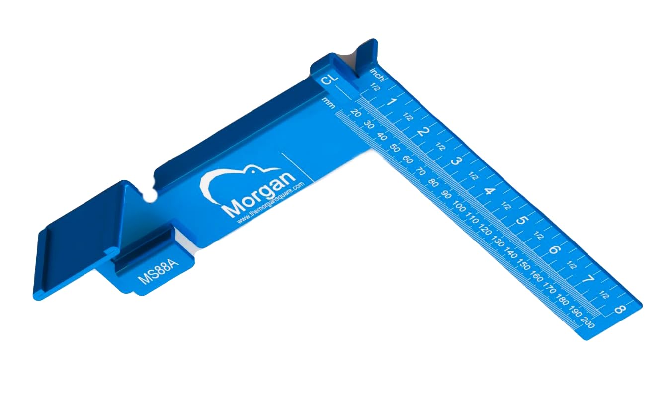 Kiwi Vision Morgan Square Blue 8-inch Measuring & Marking Tool - Centerline Mark, 1 1/2 Tongue, Pencil Holder - Imperial & Metric Scales - Compatible with Standard Tape Measures - Perfect for Woodworking, Carpentry & DIY Projects