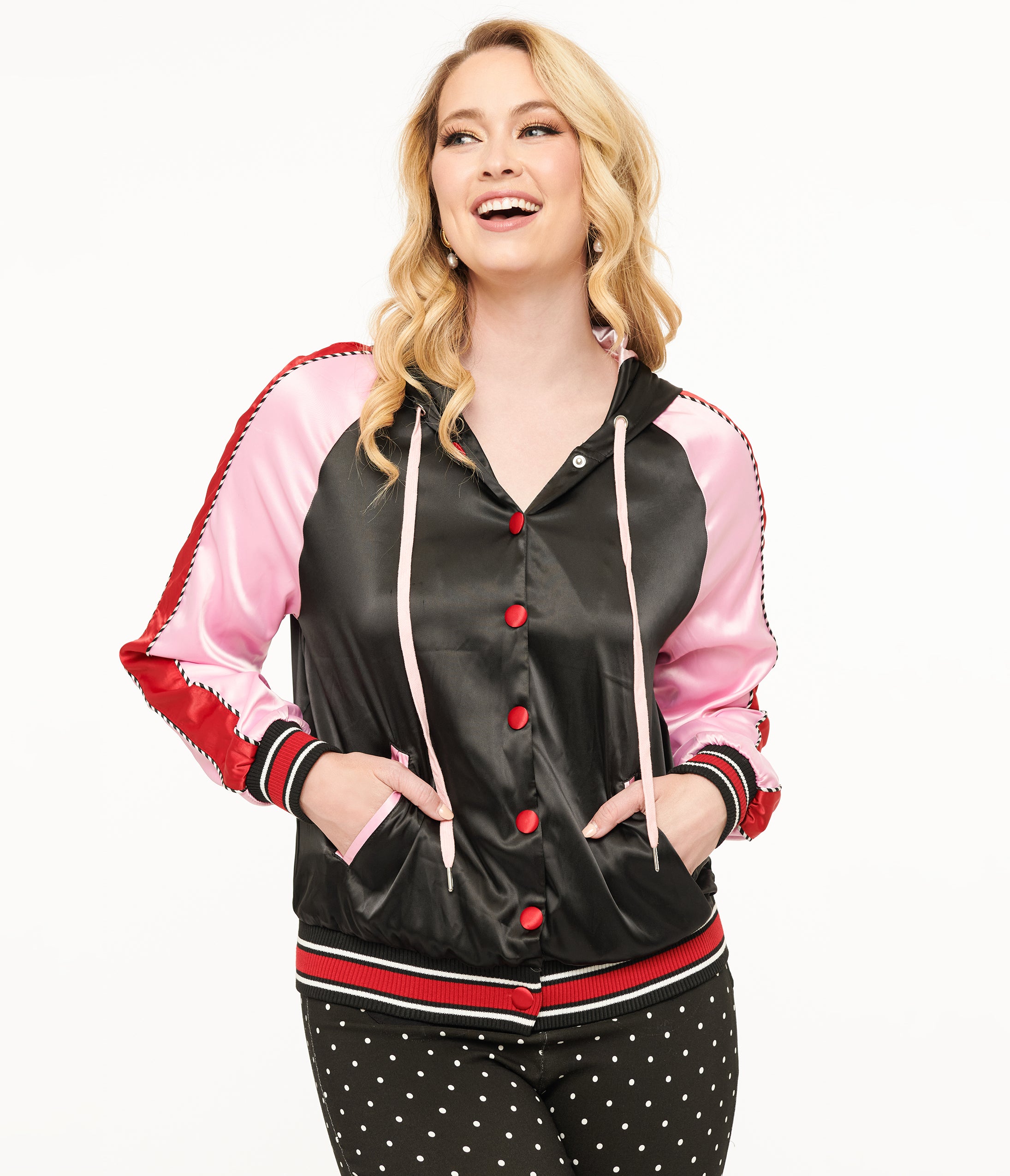 Disney Mickey & Friends Minnie Mouse Hooded Satin Bomber Jacket for Women - Vintage Inspired Fashion Outerwear for Cosplay, Disney Trips & Casual Wear