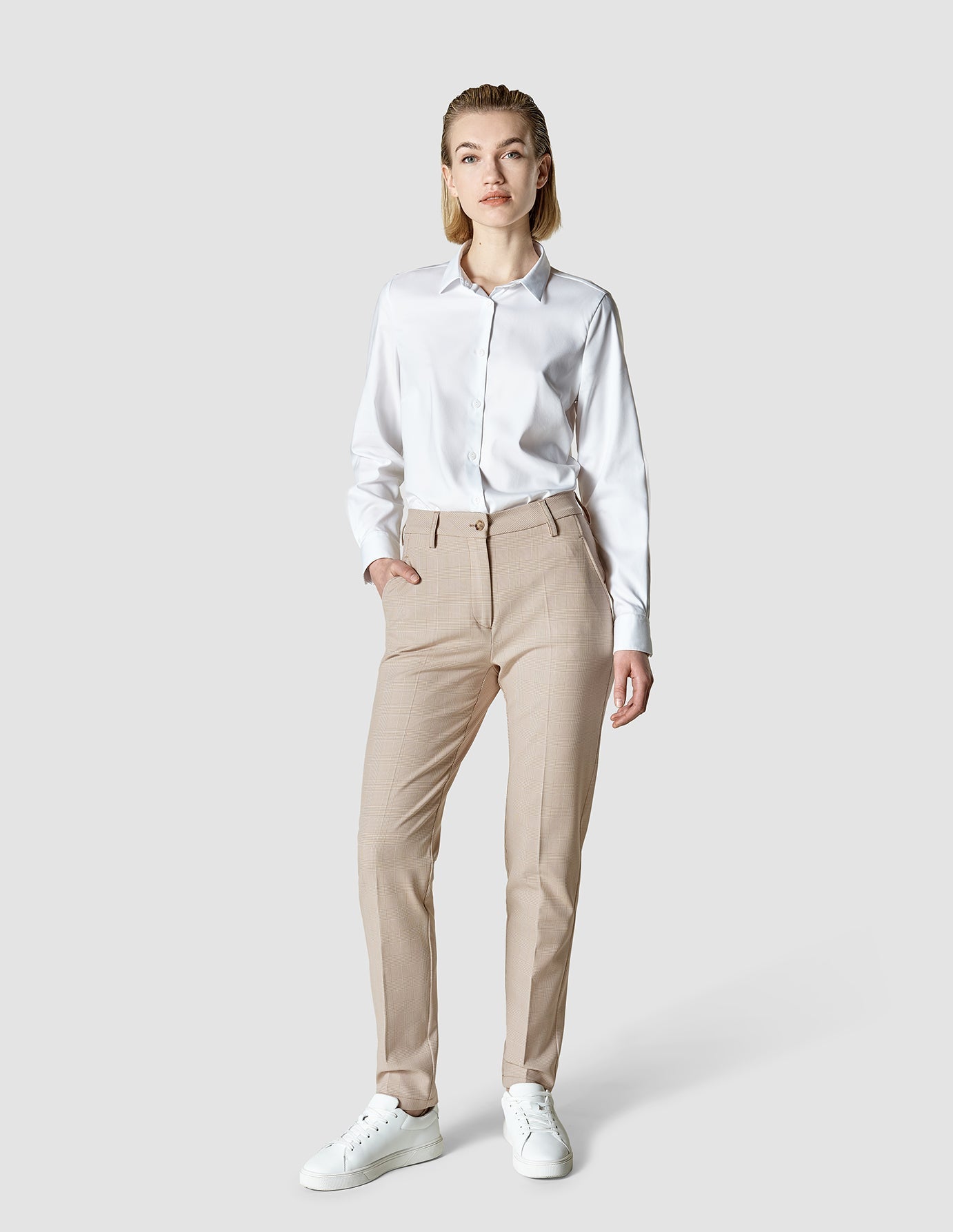 Essential Tapered Pants in Toffee Check - Comfortable & Stylish for Work, Travel & Casual Wear