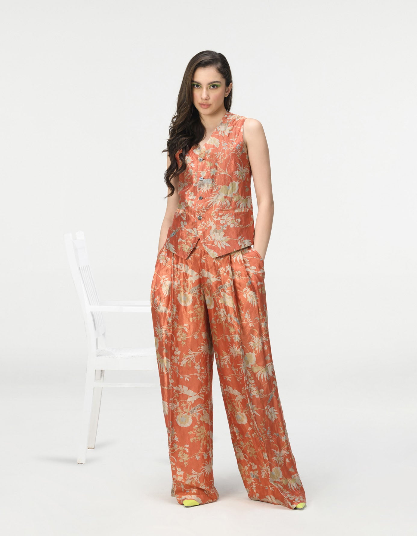 Elegant Silk Brocade Vest Coat with Coral Design - Perfect for Weddings, Parties & Special Occasions