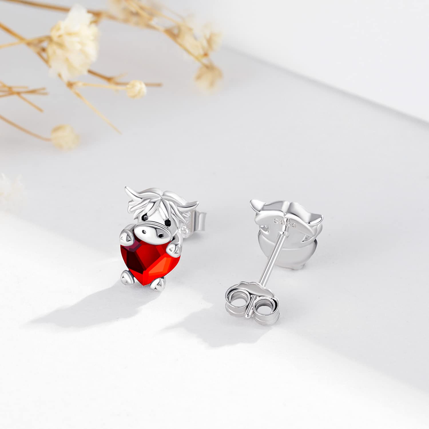 JUSTKIDSTOY 925 Sterling Silver Highland Cow Stud Earrings with Birthstones - Cute Animal Jewelry for Women, Girls, Daughter & Girlfriend - Perfect Birthday Gift for Cow Lovers & Farmhouse Style Fashion Accessories