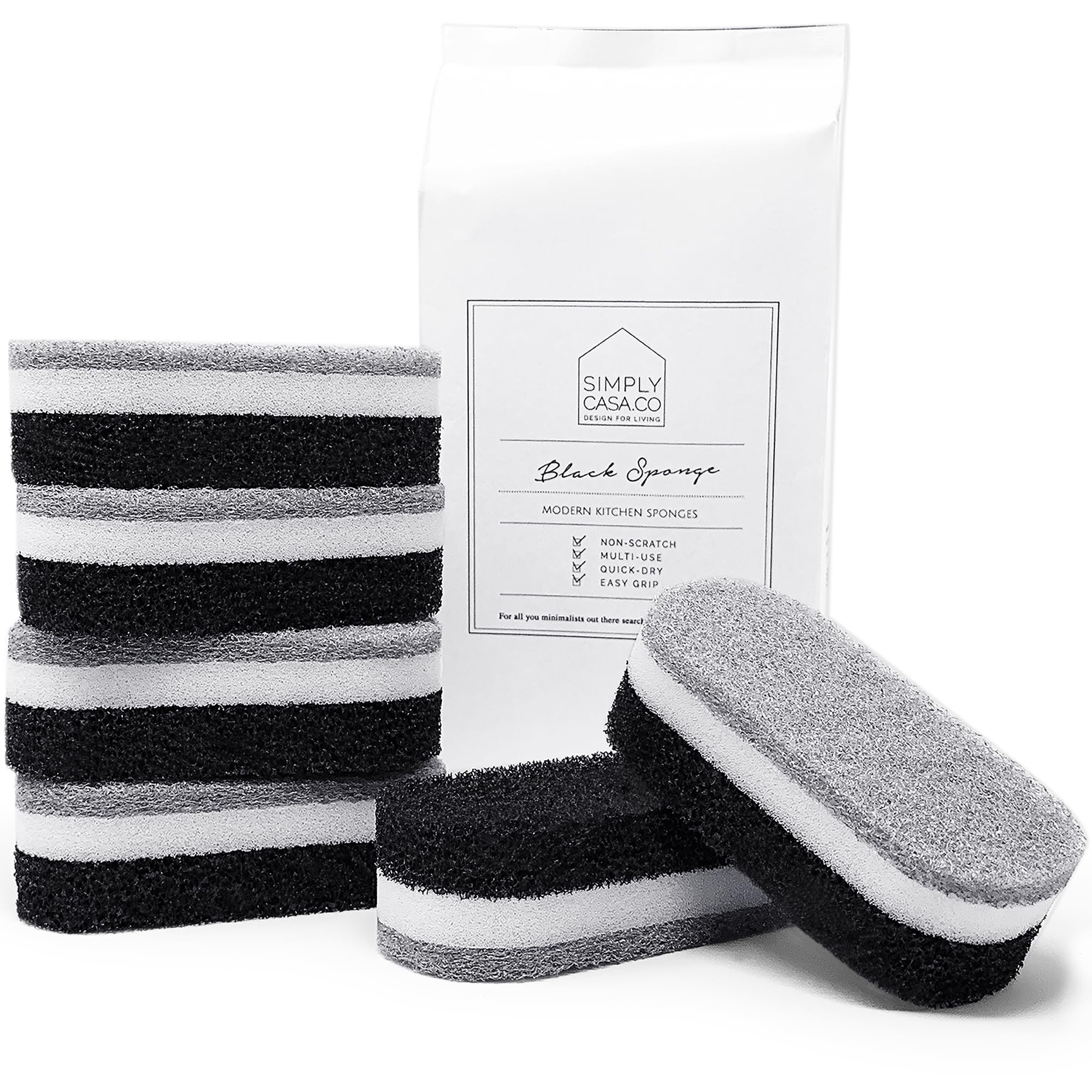 Premium Non-Scratch Kitchen Sponges (6-Pack) - Fast Drying, Reusable Dish Scrubbers for Pots, Pans & Utensils - Gentle Yet Effective Cleaning for Delicate Surfaces - Stylish Black & White Design - Perfect for Daily Dishwashing & Household Cleaning