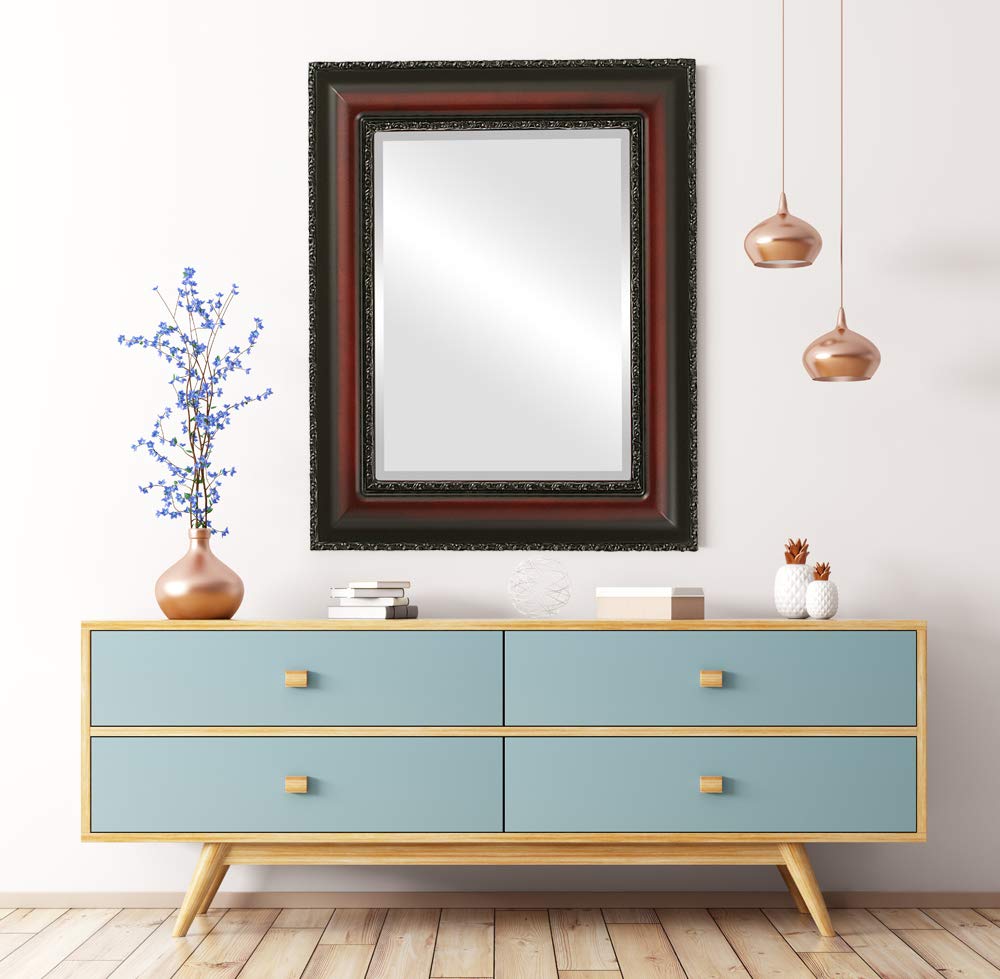 OVALCREST 17x21 Inch Rectangle Beveled Wall Mirror - Somerset Style Rosewood Frame - Elegant Home Decor for Living Room, Bedroom & Entryway