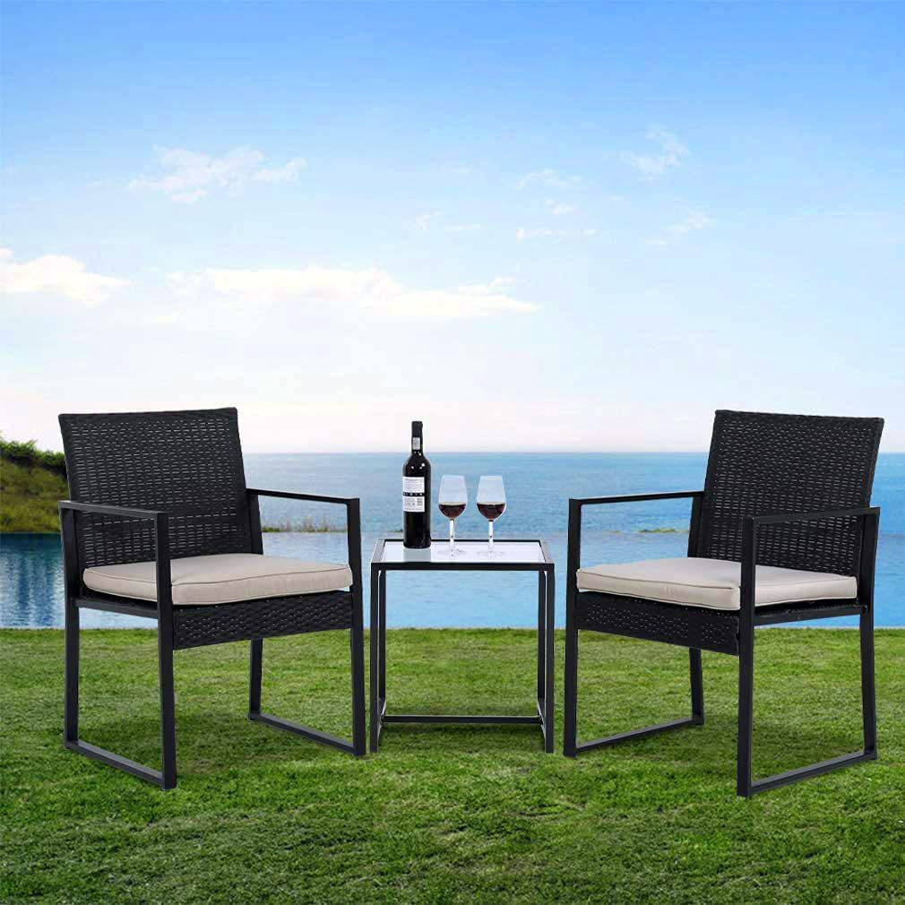 3-Piece Outdoor Patio Furniture Set - All-Weather Wicker Bistro Table with Rattan Chairs & Thick Cushions - Patio Conversation Set with Tempered Glass Coffee Table - Perfect for Backyard, Poolside, Garden Lounge & Outdoor Entertaining