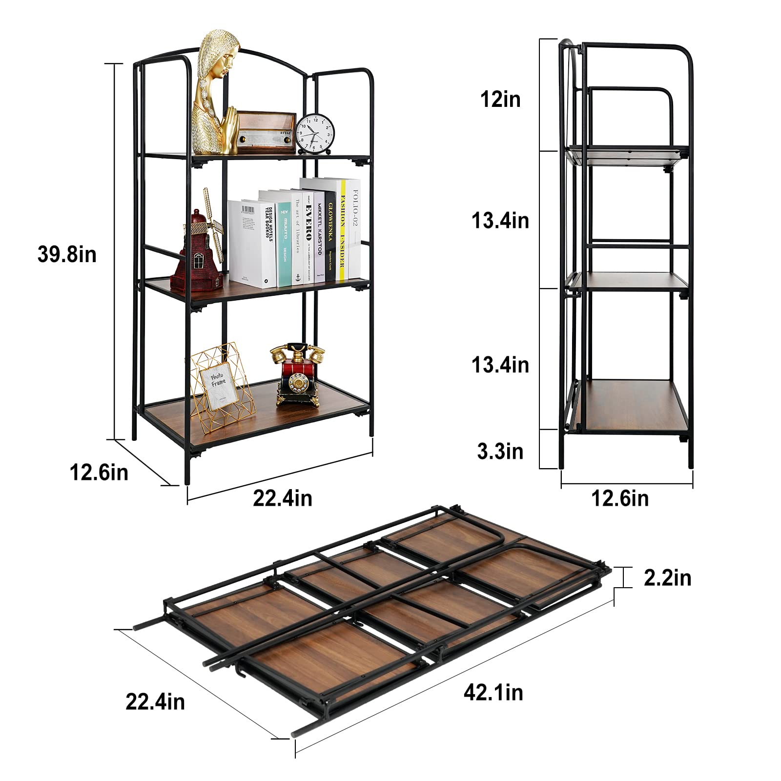 Crofy No Assembly Folding Bookshelf - 3 Tier Black Collapsible Bookcase for Living Room, Home Office & Bedroom | Portable Storage Organizer for Books, Magazines & Decor | Space Saving Solution for Small Spaces