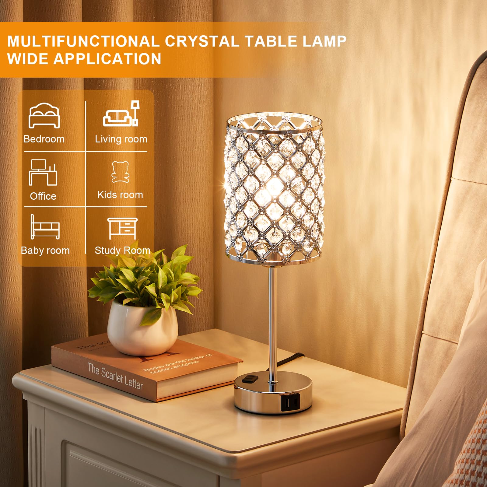 2-Pack Crystal Table Lamps with USB-C & AC Outlet - Silver Nightstand Touch Lamps, 3-Way Dimmable LED Bedside Lamps for Bedroom & Living Room - Perfect for Reading, Working & Creating Cozy Ambiance (Bulbs Included)