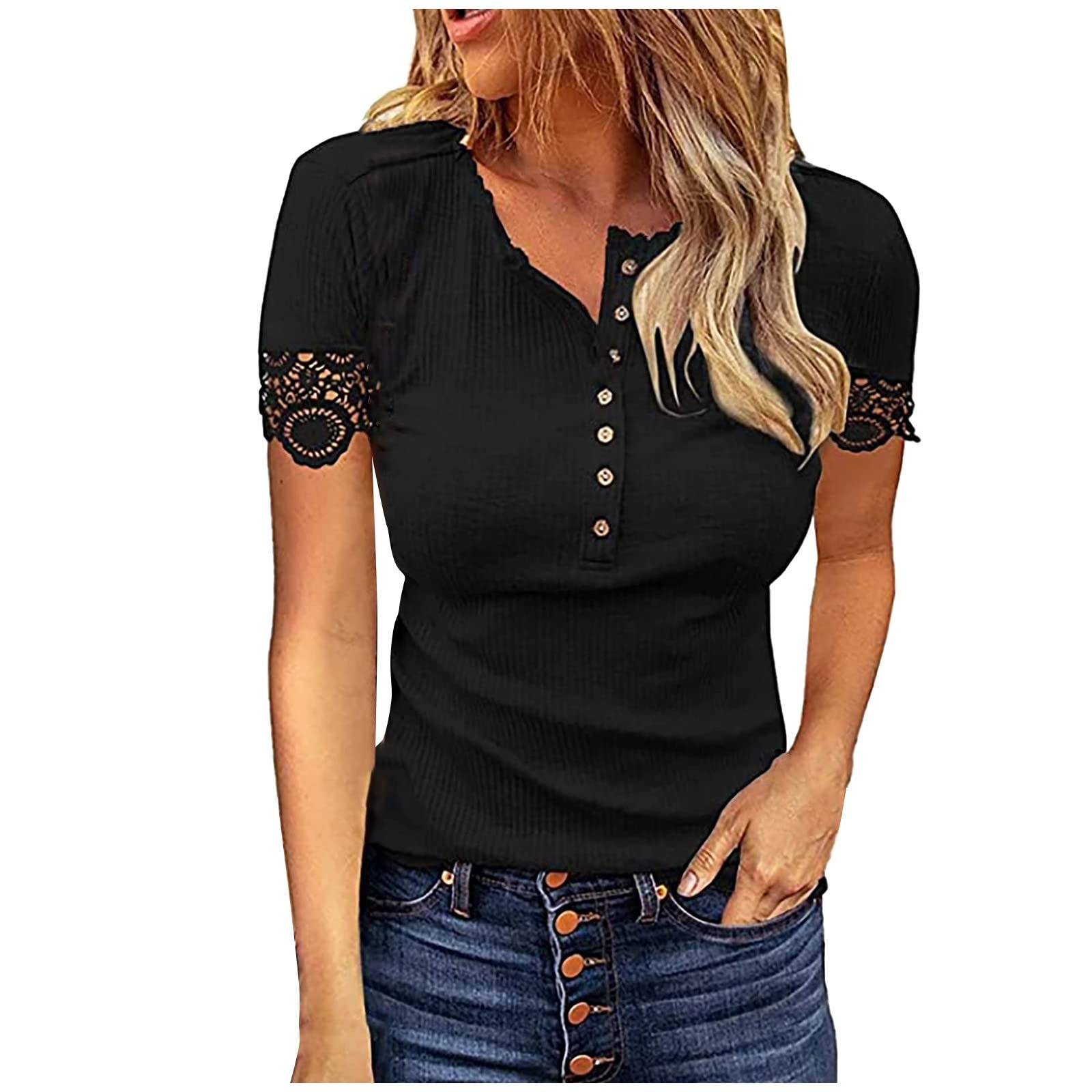 Women's Business Casual Lace Collar Short Sleeve T-Shirt - Solid Color Black Top for Office Wear & Everyday Outfits
